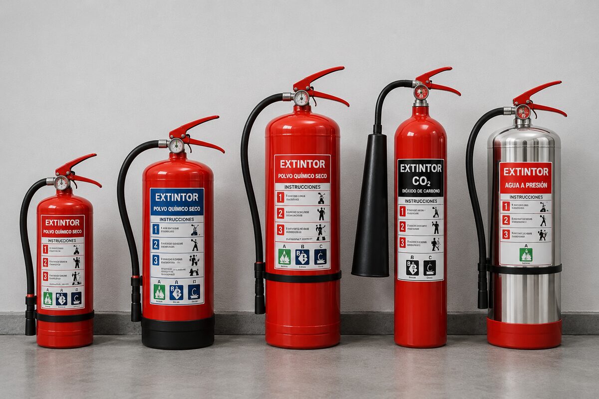 Tipos de extintores: PQS, CO₂, agua y clase K — cuál para cada fuego